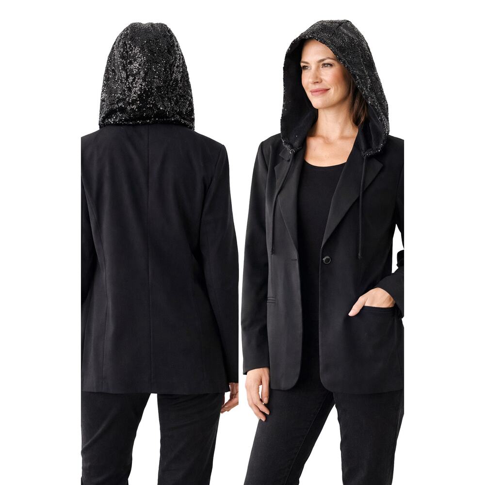 Belle by Kim Gravel‎ Blazer Large Black Sequin Hooded Jacket Holiday Party - Picture 6 of 6